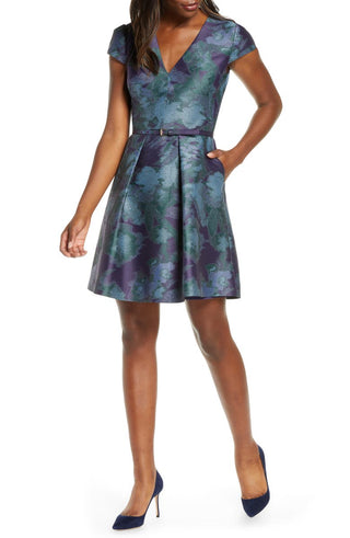 Vince Camuto Women's Belted Floral Print Fit & Flare Dress Blue Size 12
