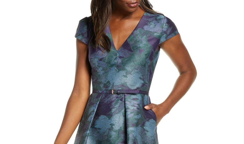 Vince Camuto Women's Belted Floral Print Fit & Flare Dress Blue Size 12