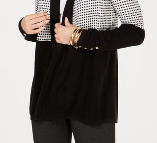 Charter Club Women's Button Cuff Open Front Cardigan Black Size Petite Small