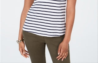 Charter Club Women's Cotton Crochet Striped Top White Size Medium