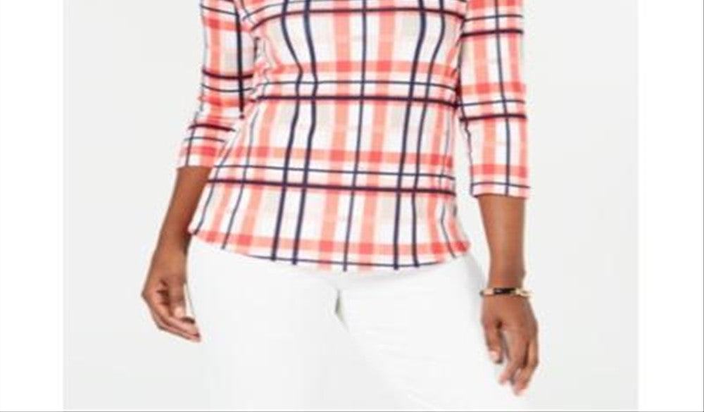 Charter Club Women's Cotton Plaid Boat Neck Top Pink Size Medium