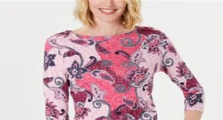 Charter Club Women's Printed Cotton 3/4 Sleeve Top Pink Size Medium