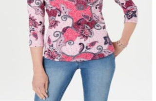 Charter Club Women's Printed Cotton 3/4 Sleeve Top Pink Size Medium