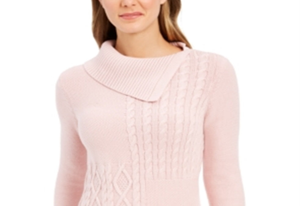 Charter Club Women's Patchwork Stitch Asymmetrical Collar Sweater Pink Size X-Small