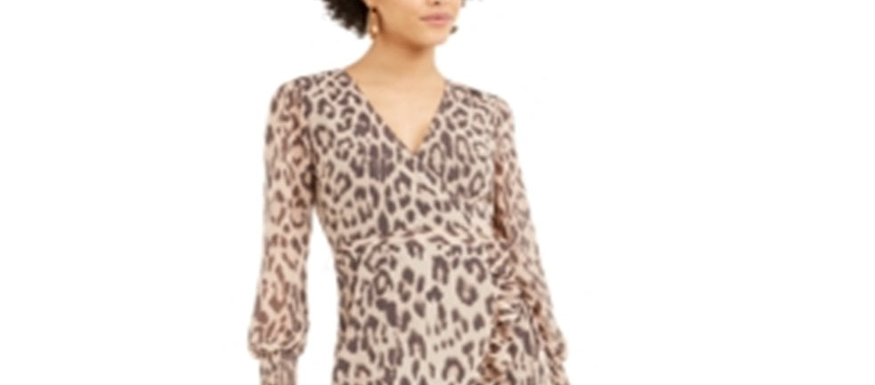 Bar III Women's Ruffled Animal Print Wrap Dress Nature Leo Size XXS