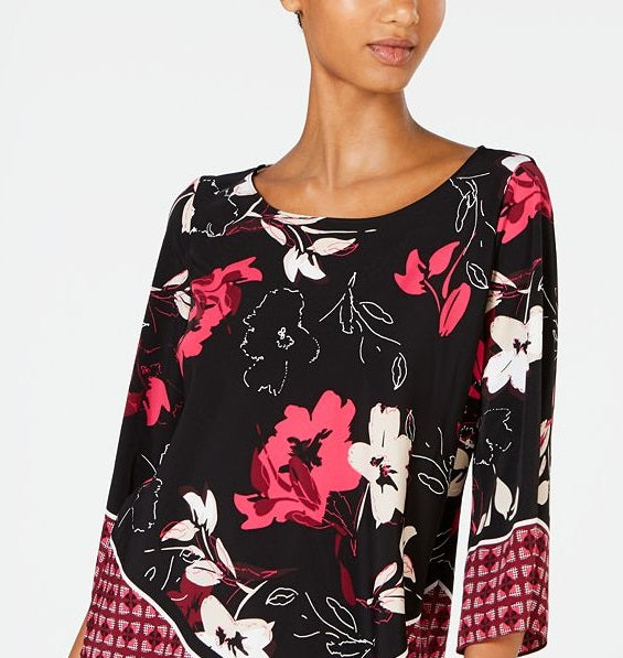 Alfani Women's Patched Border V Hem Top Black Size -Petite M