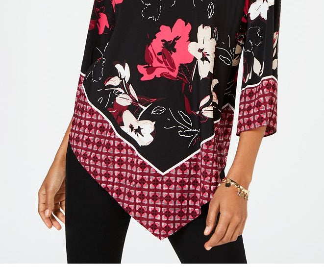 Alfani Women's Patched Border V Hem Top Black Size -Petite M