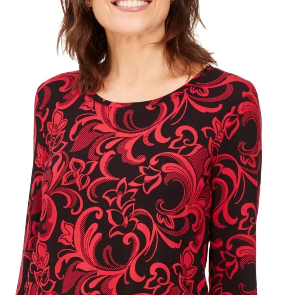 JM Collection Women's Petite Crewneck Printed Top  Red Size Petite Small