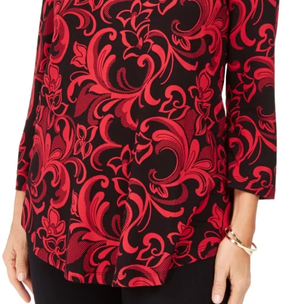 JM Collection Women's Petite Crewneck Printed Top  Red Size Petite Small