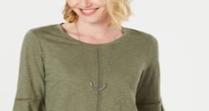 Style & Co Women's Crochet Trim Bell Sleeve Top Green Size Medium