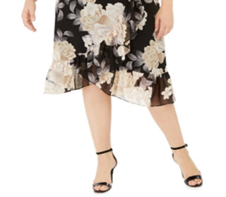 Calvin Klein Women's Plus Ruffled Floral Skirt Latte Black Size 16W