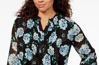 Charter Club Women's Printed Pintucked Top Black Size Large