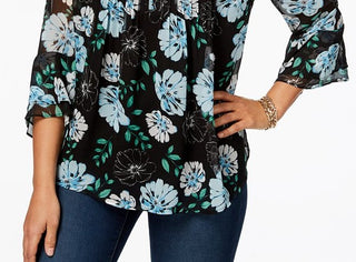 Charter Club Women's Printed Pintucked Top Black Size Large