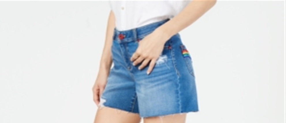 INC International Concepts Women's Rainbow Raw Hem Jean Shorts Blue Size 12