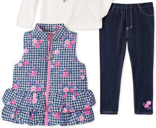 Kids Headquarters Little Girl's 3 Pc Houndstooth Vest T-Shirt & Denim Leggings Set Blue Size 6X