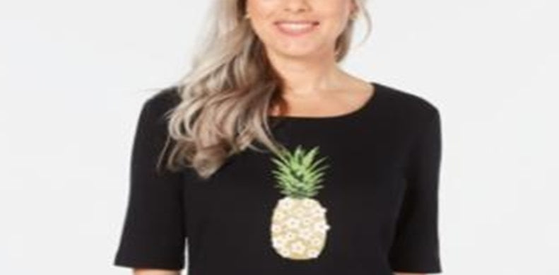 Karen Scott Women's Cotton Pineapple Graphic Print T-Shirt Black Size X-Small