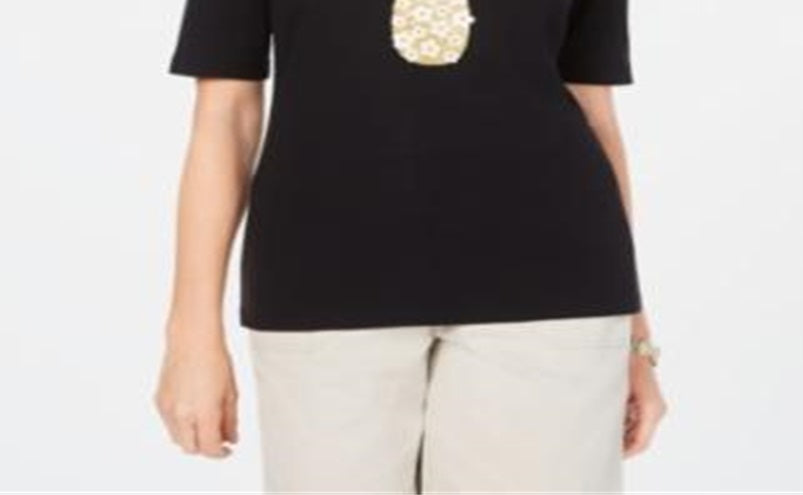 Karen Scott Women's Cotton Pineapple Graphic Print T-Shirt Black Size X-Small