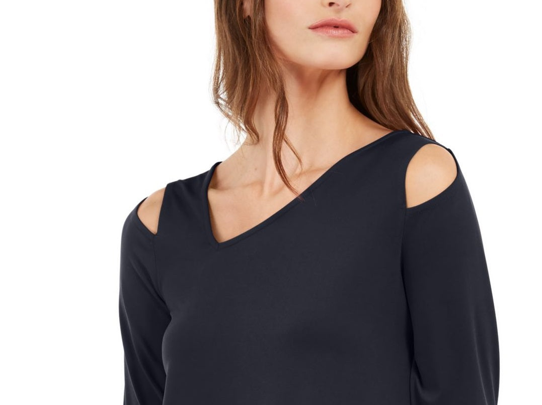 Alfani Women's Asymmetrical Cut Out Top Navy- Size Petite M