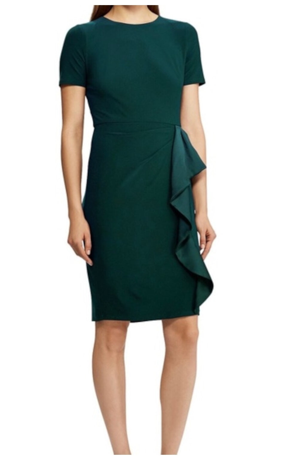 Ralph Lauren Women's Zippered Short Sleeve Jewel Neck Above the Knee Evening Body Con Dress Green Size 14 Petite