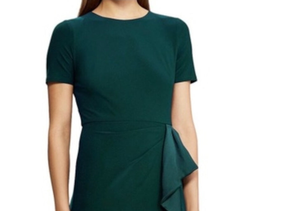 Ralph Lauren Women's Zippered Short Sleeve Jewel Neck Above the Knee Evening Body Con Dress Green Size 14 Petite