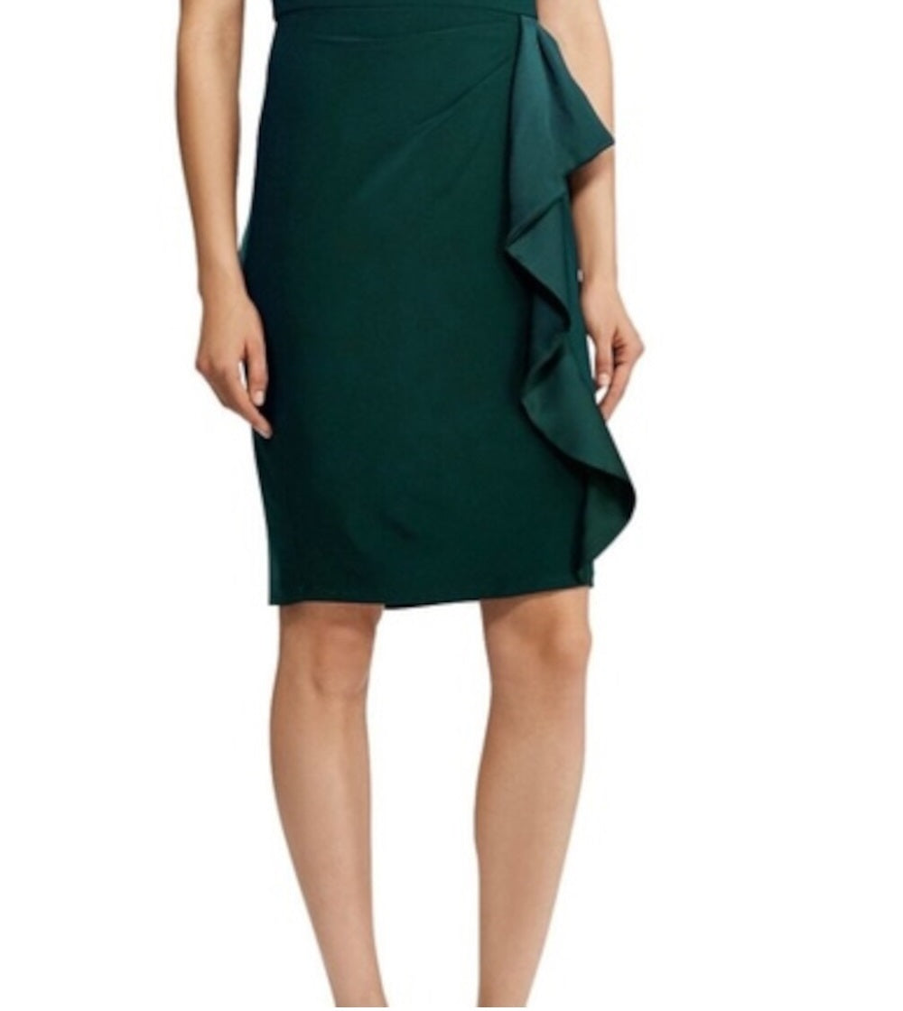 Ralph Lauren Women's Zippered Short Sleeve Jewel Neck Above the Knee Evening Body Con Dress Green Size 14 Petite