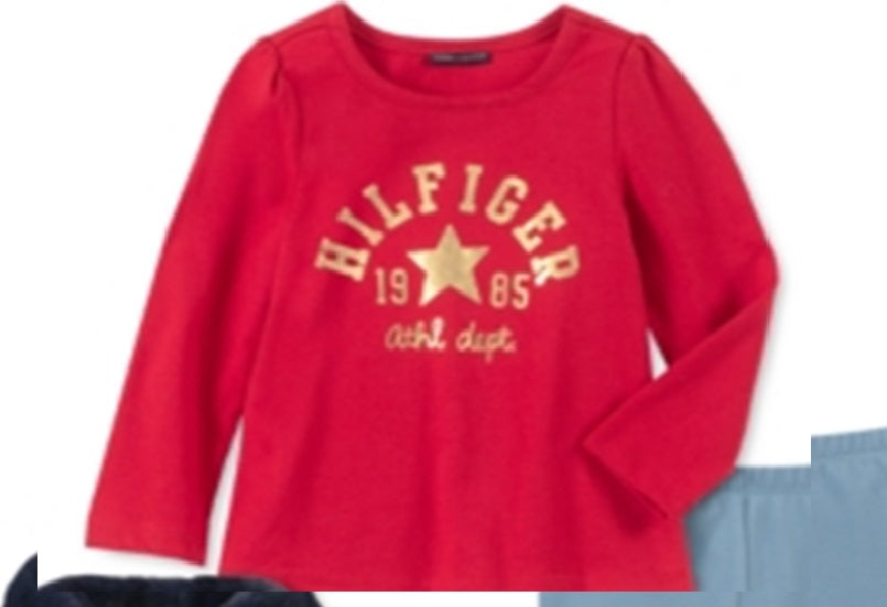 Tommy Hilfiger Little Girl's 3 Pc Ruffled Faux Fur Collar Vest Logo Top & Leggings Set Blue Size 6