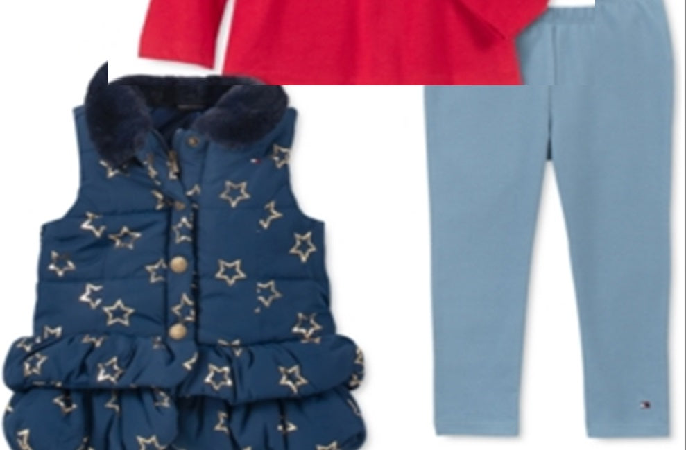 Tommy Hilfiger Little Girl's 3 Pc Ruffled Faux Fur Collar Vest Logo Top & Leggings Set Blue Size 6