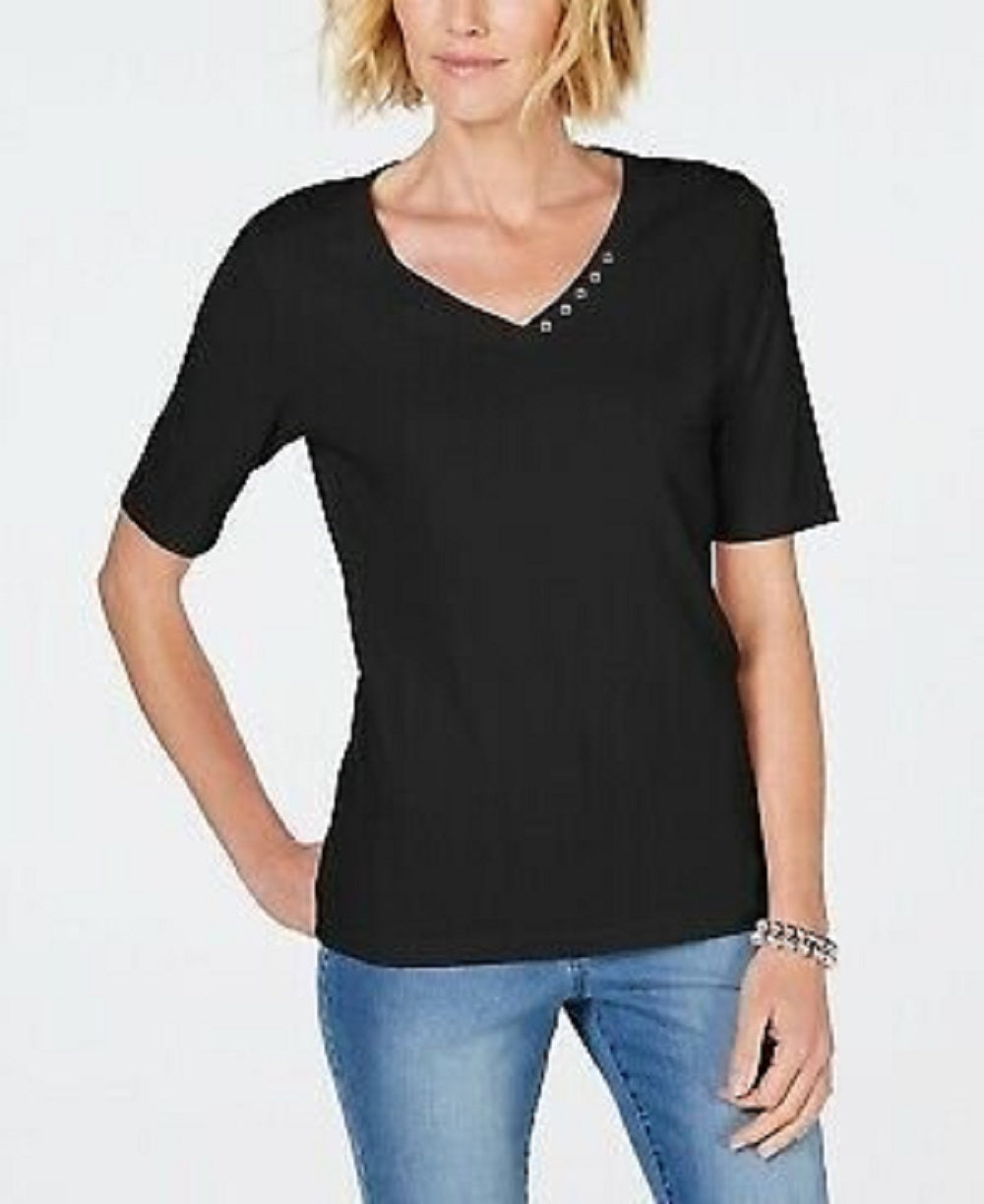 Karen Scott Women's Cotton V Neck T-Shirt Black Size Small