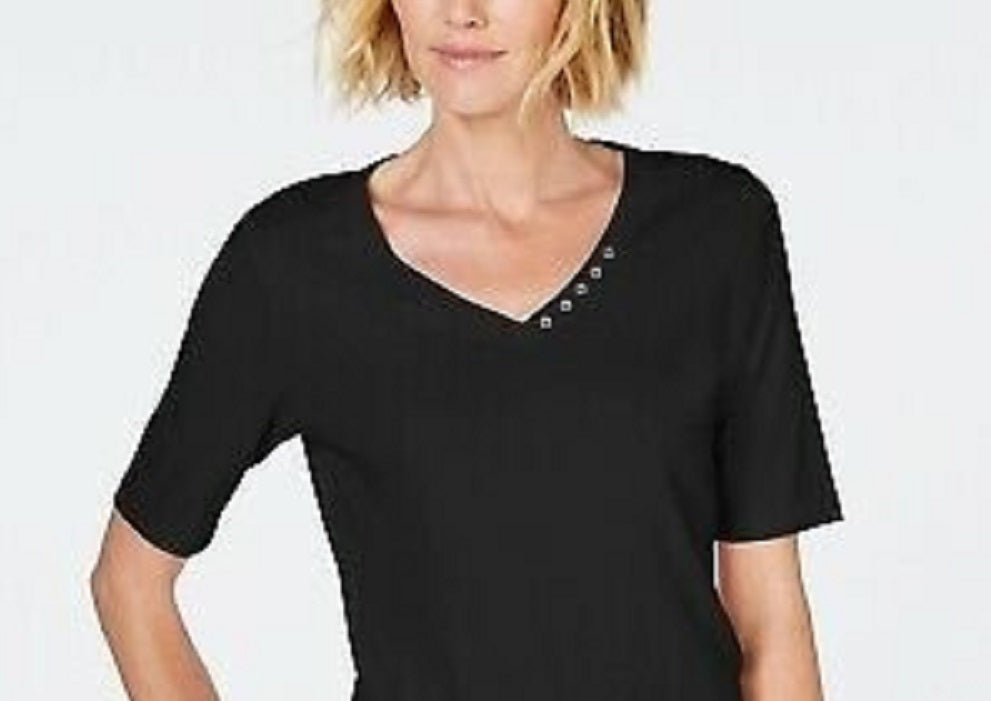Karen Scott Women's Cotton V Neck T-Shirt Black Size Small