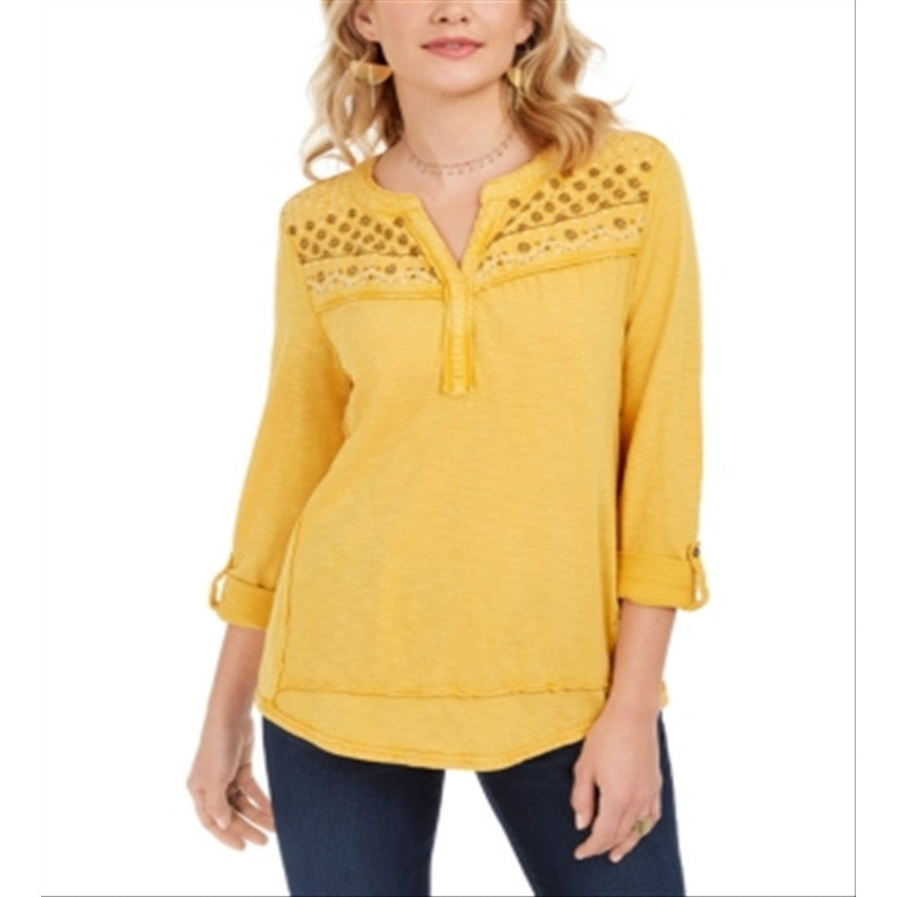 Style & Co Women's Embroidered Cotton Jersey Shirt Yellow Size Small