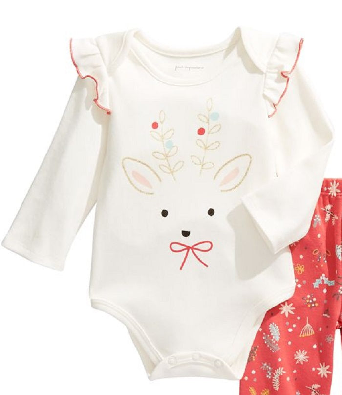 First Impressions Baby Girl's 2 Pc Cotton Reindeer Bodysuit & Footie Pants Set Pink Size 6-9MOS
