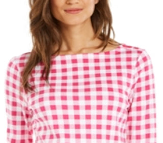 Charter Club Women's Cotton Gingham Print Boat Neck Top Black Size XS