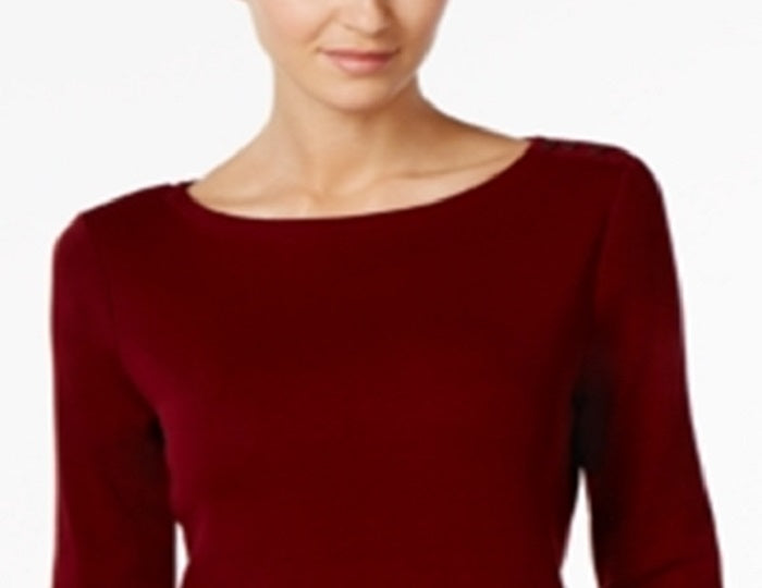 Charter Club Women's Pima Cotton Boat Neck Button Shoulder Top Red Size -XL