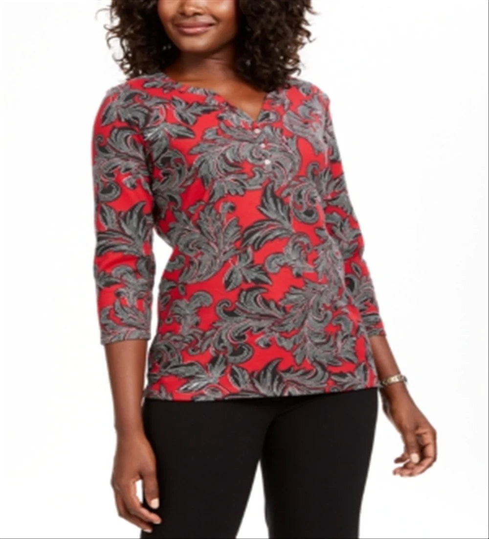 Karen Scott Women's Printed Henley Top  New Red Amore Size Large