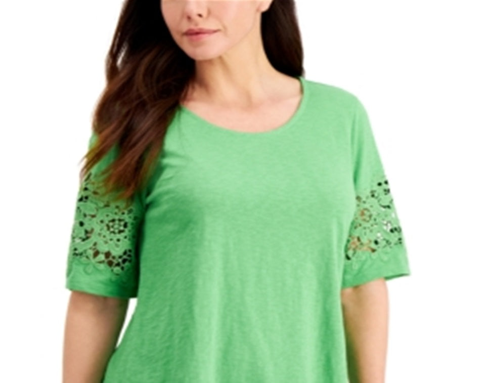 Charter Club Women's Cotton Lace-Trimmed Top Green Size Medium
