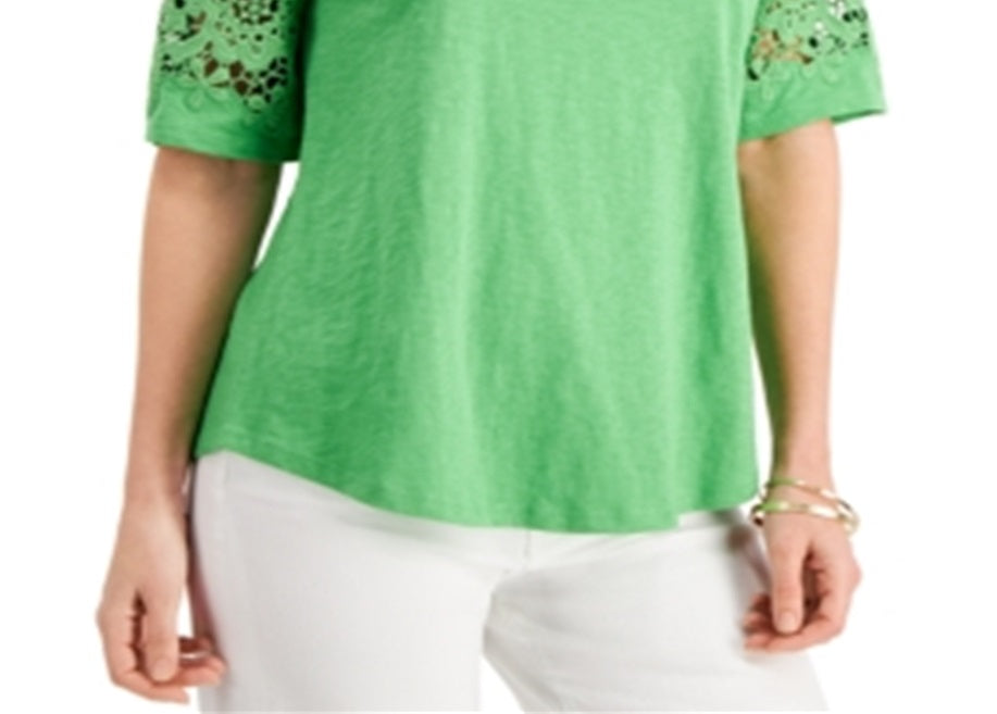 Charter Club Women's Cotton Lace-Trimmed Top Green Size Medium