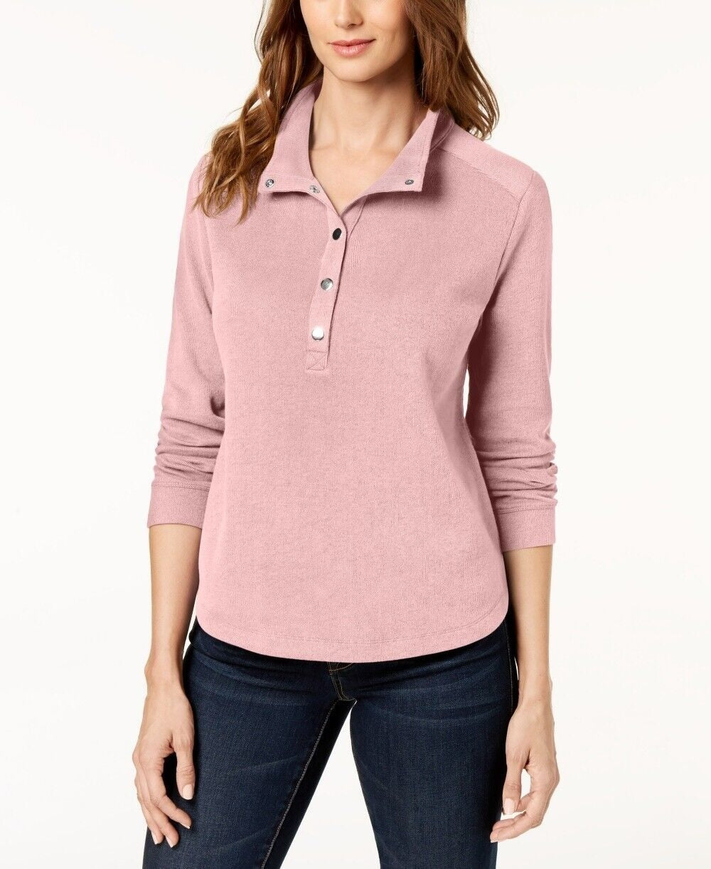 Karen Scott Women's Stand Collar Snap Front Top Pink Size Petite Small