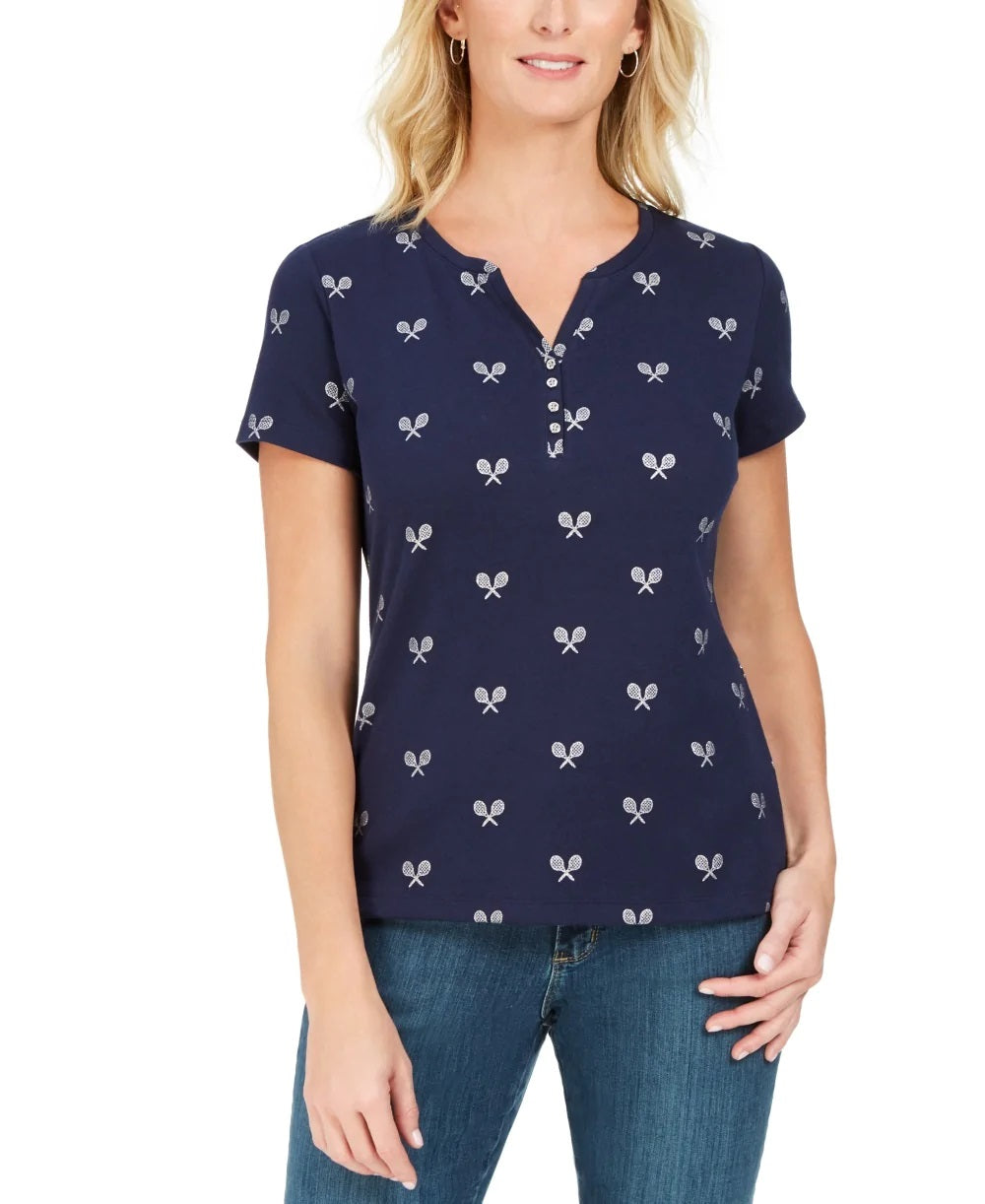Karen Scott Women's Perfect Swing Metallic-Embroidery Henley Top  Intrepid Blue Blue Size XS
