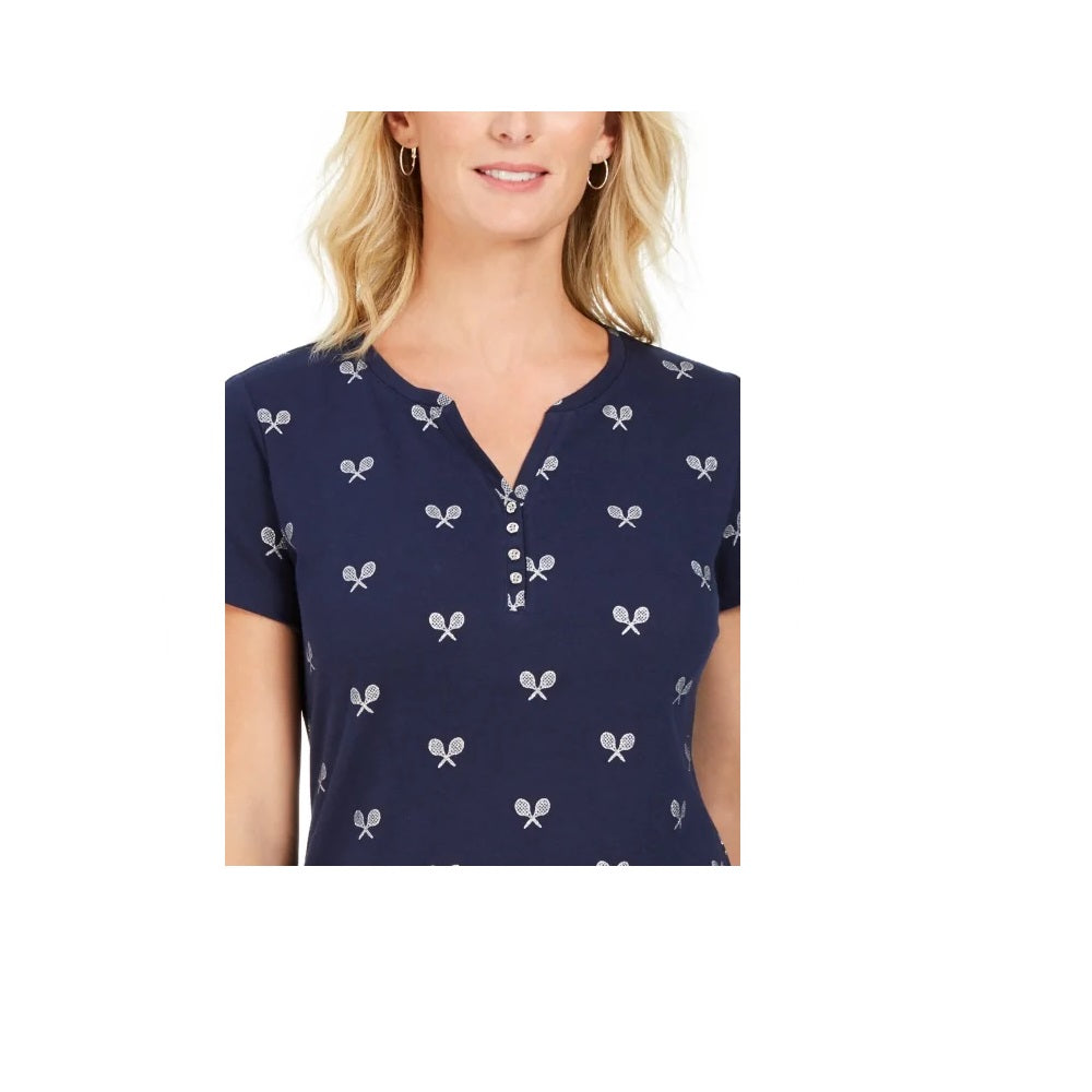 Karen Scott Women's Perfect Swing Metallic-Embroidery Henley Top  Intrepid Blue Blue Size XS