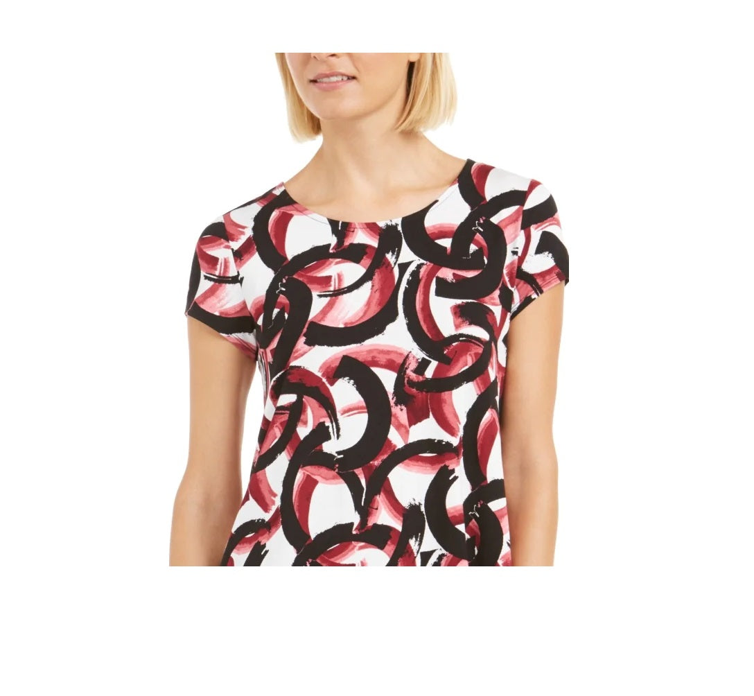 Alfani Women's Petite Printed Round-Hem T-Shirt  Red Size Petite S