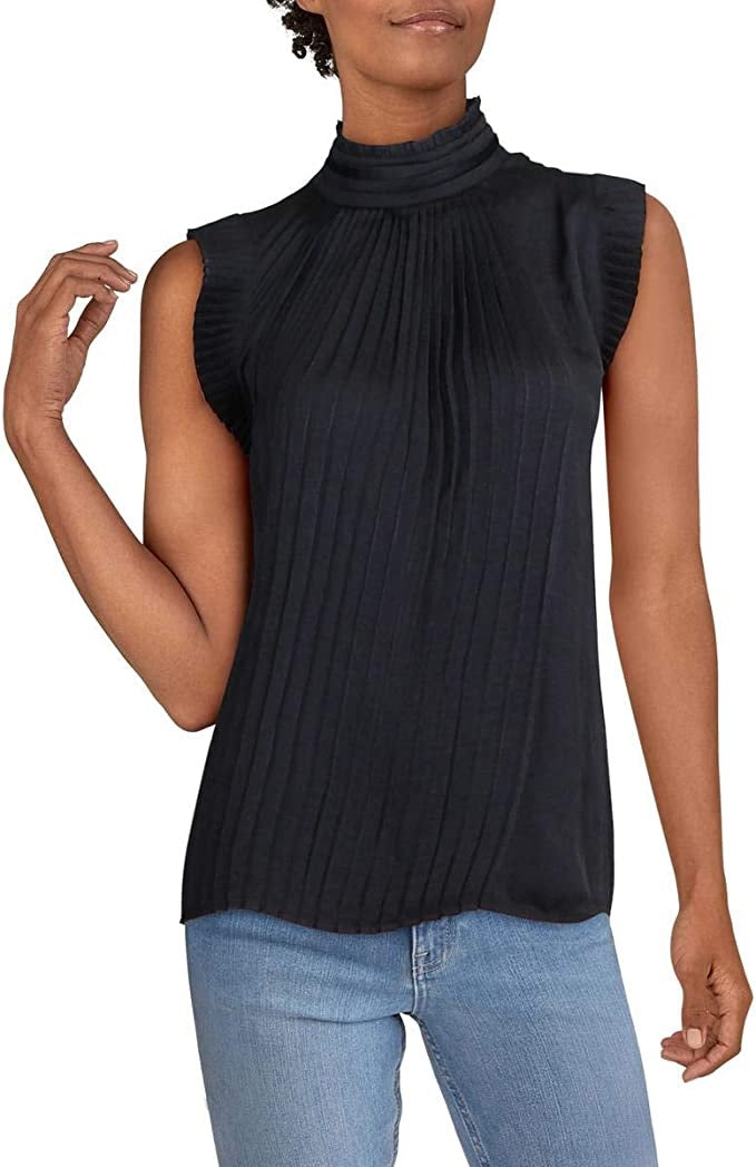 INC International Concepts Women's Pleated Cap Sleeve Mandarin Collar Top Black Size XX-Large