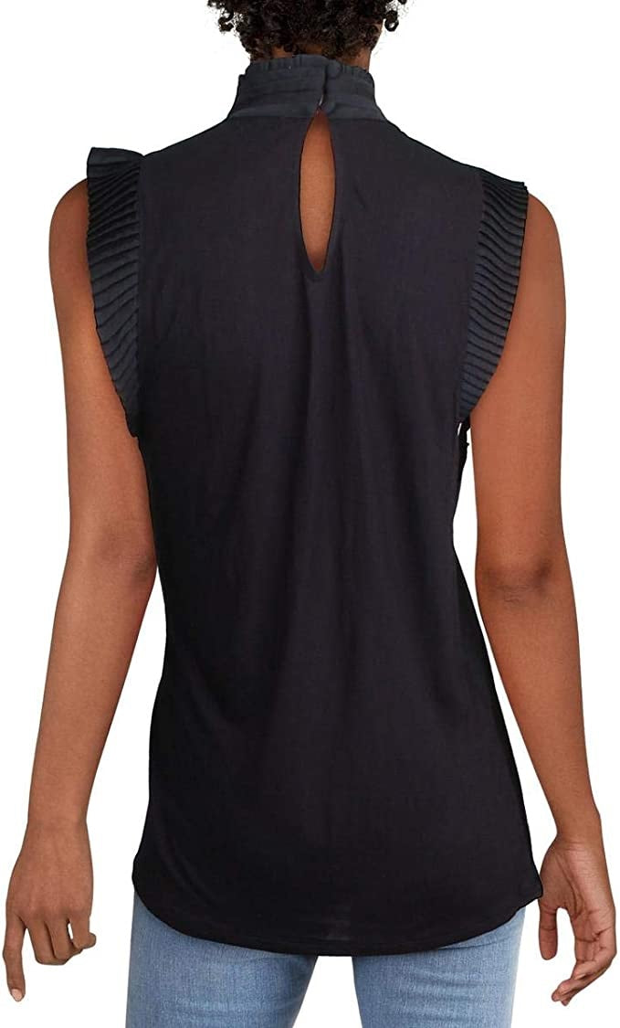 INC International Concepts Women's Pleated Cap Sleeve Mandarin Collar Top Black Size XX-Large