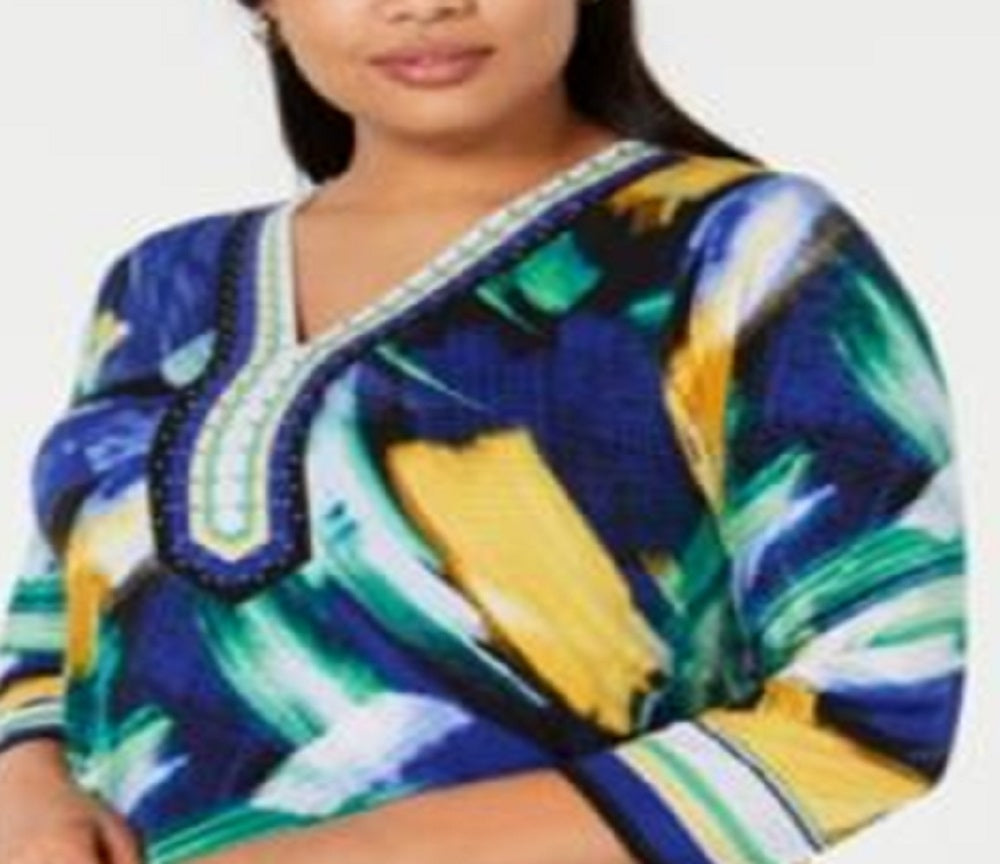 JM Collection Women's Embellished V Neck Tunic Top Blue Size 1X