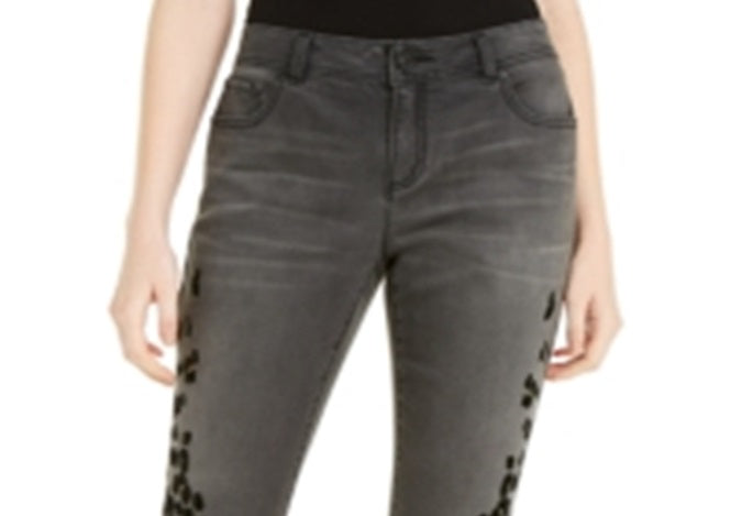 INC International Concepts Women's Flocked Leopard Print Skinny Jeans Black Size 0