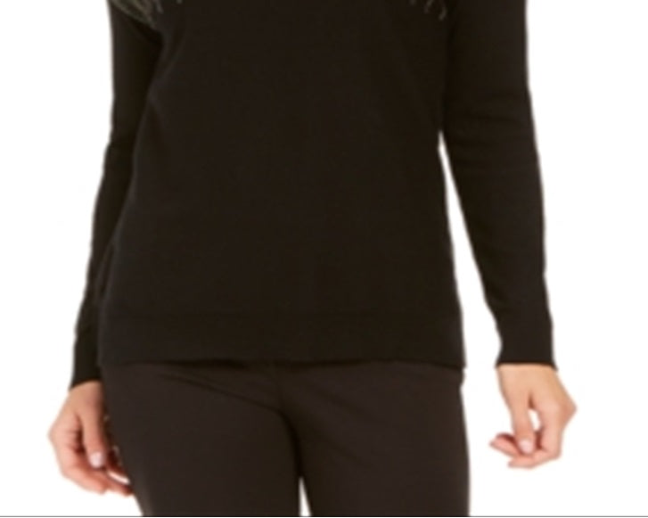 Alfani Women's Metallic-Detail Vented-Hem Sweater  Black Size Petite S