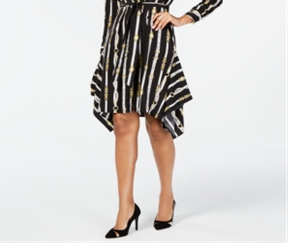 Thalia Sodi Women's Printed Handerkerchief Hem Shirtdress Black Size L