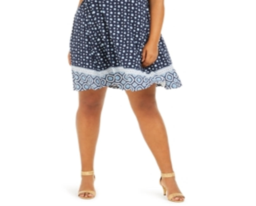Style & Co Women's Plus Printed Cross Back Swing Dress Blue Size XL