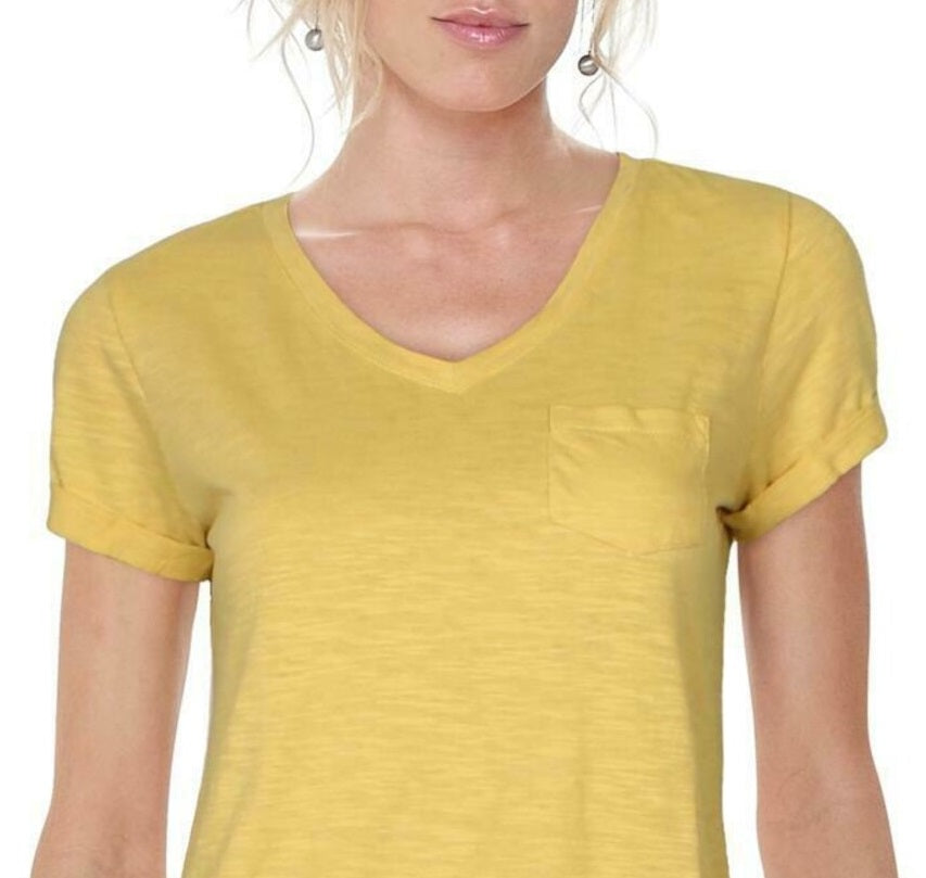 Style & Co Women's Pocket V Neck T-Shirt Yellow Size Petite X-Large