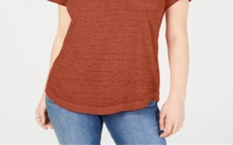 Style & Co Women's Burnout V Neck T-Shirt Brown  Size -Petite M