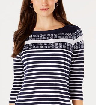 Charter Club Women's Printed 3/4-Sleeve Cotton Top  Blue Size M